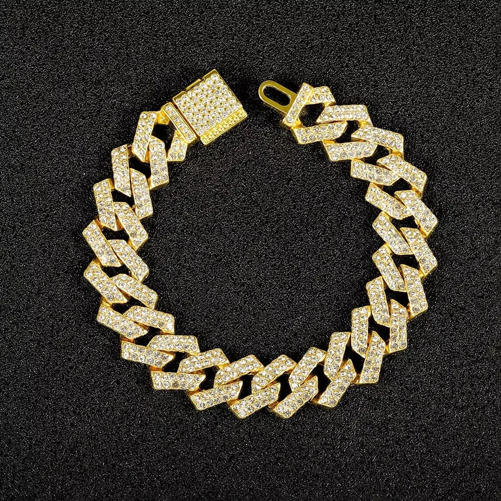 Gold-colored 16mm hip hop miami cuban link bracelet adorned with clear cubic zirconia shiny trendy stylish jewelry