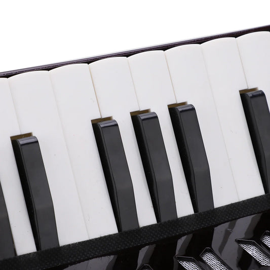 Black and white piano-style keys on a compact glossy black 17 key 8 bass accordion musical piano keyboard toy rhythm training spring instrument