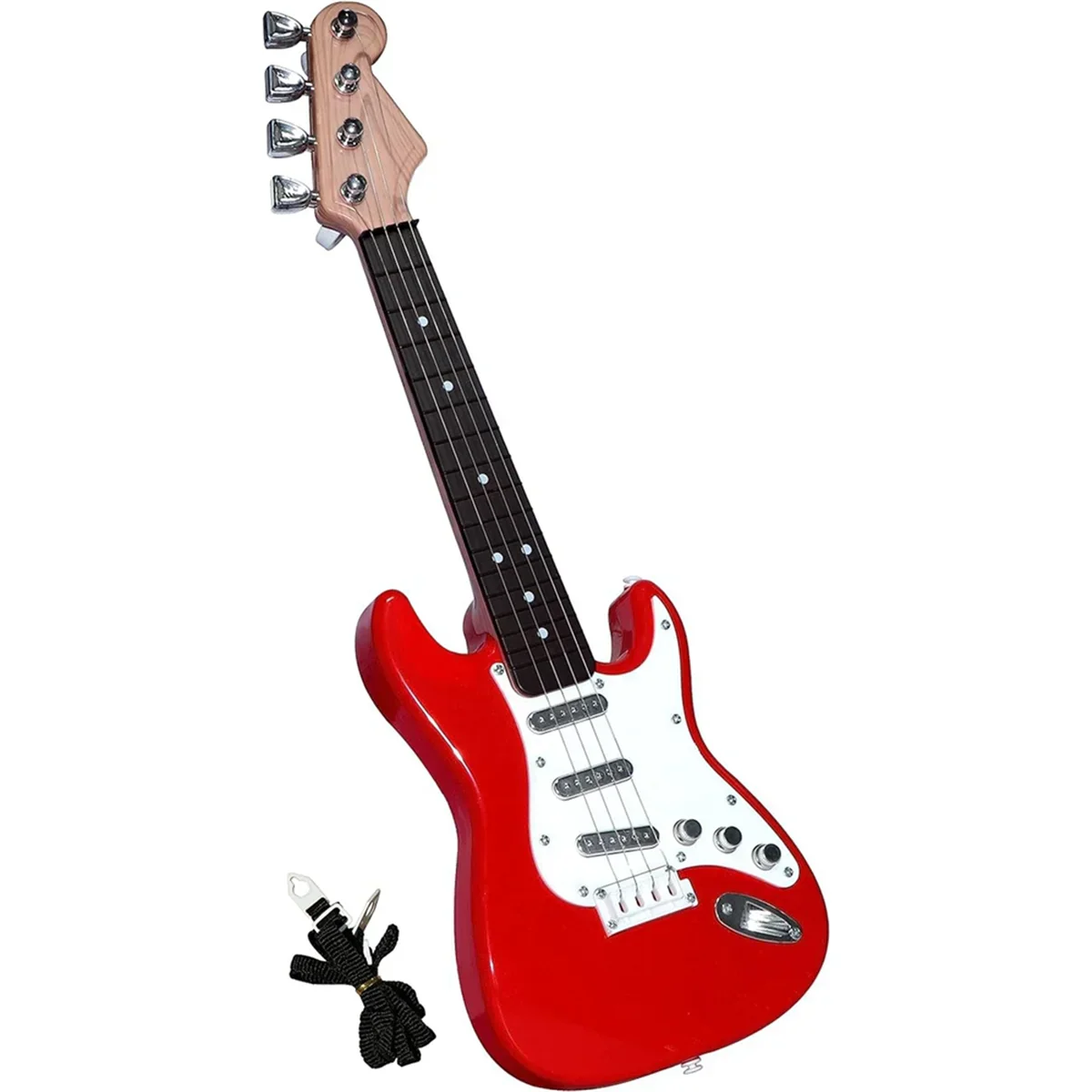 Red plastic 17in guitar toy with white pickguard and black fretboard 4 strings electric guitar for children portable electronic use