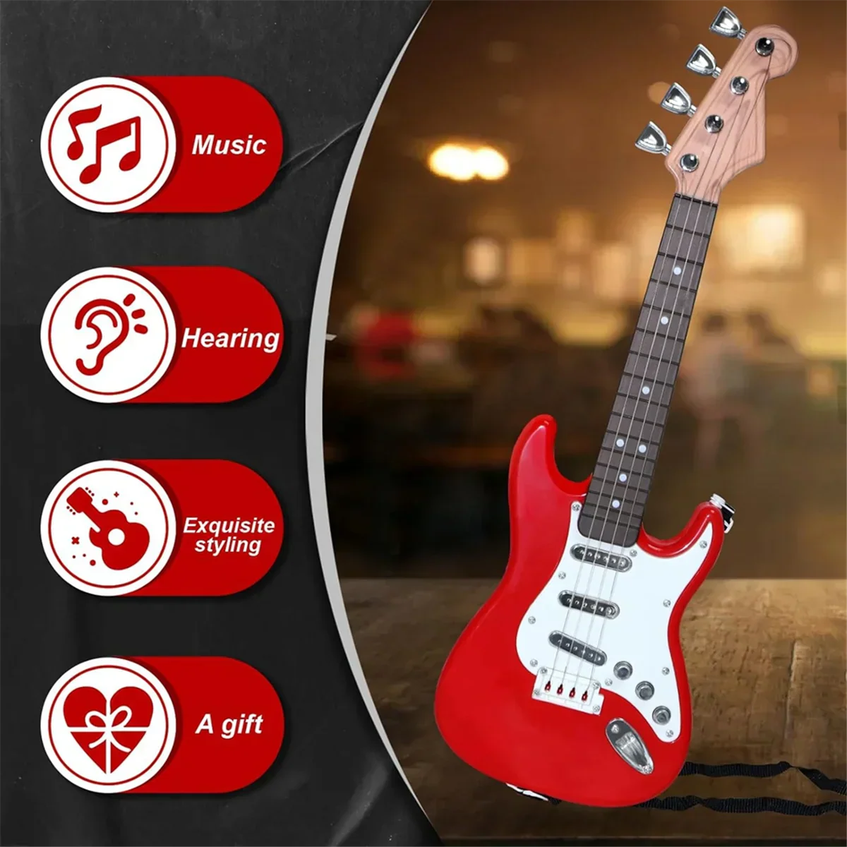 Red and white 17in guitar toy with 4 strings electric guitar, chrome hardware, wooden neck, children portable electronic instrument
