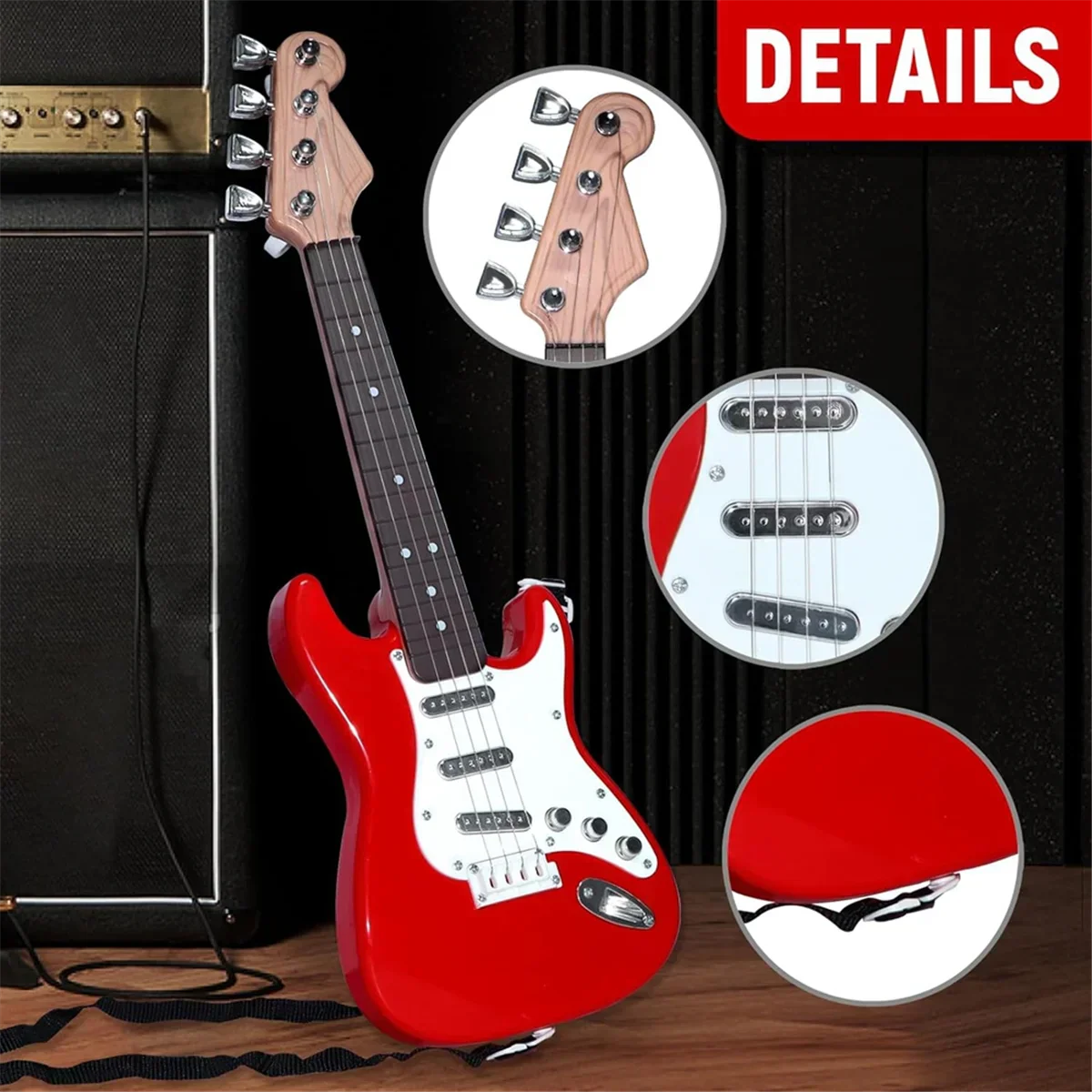 Red and white 17in guitar toy with glossy finish, light wood neck, chrome hardware, and black strings for children portable electronic use