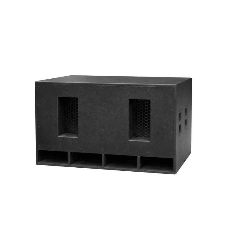 Black rectangular calm audio subwoofer image r218b with two hexagonal ports and four bottom vents in an empty cabinet speaker box
