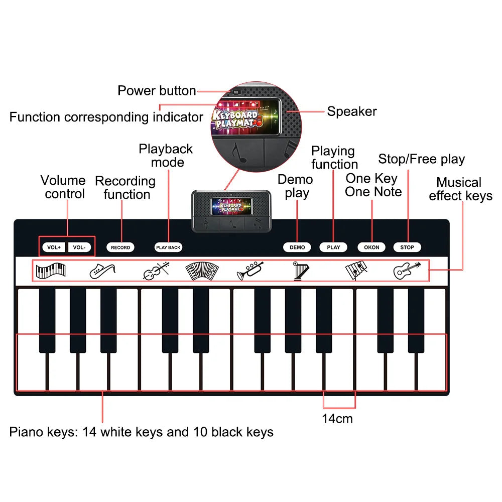 Black and white 14cm electronic keyboard with built-in speaker recording and musical effect keys for children musical toys play piano keyboard and instrument game carpet