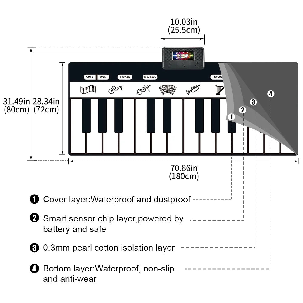 Black and white portable electronic keyboard with built-in display screen for children musical toys play piano keyboard mat