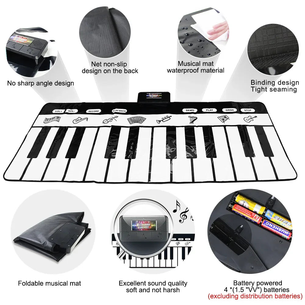 Black and white foldable children musical toys play piano keyboard mat with waterproof material and non-slip backing