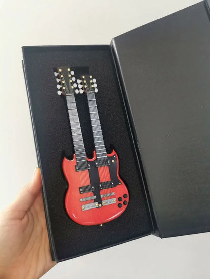 Red wooden mini electric guitar with double neck in black gift box with support miniature model for decoration