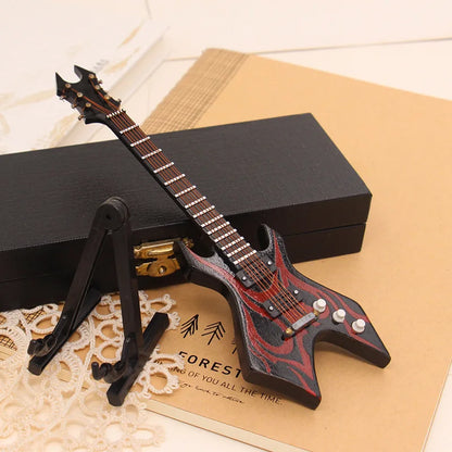 18cm black and red flame-patterned mini electric guitar wooden musical instruments with support miniature model decoration