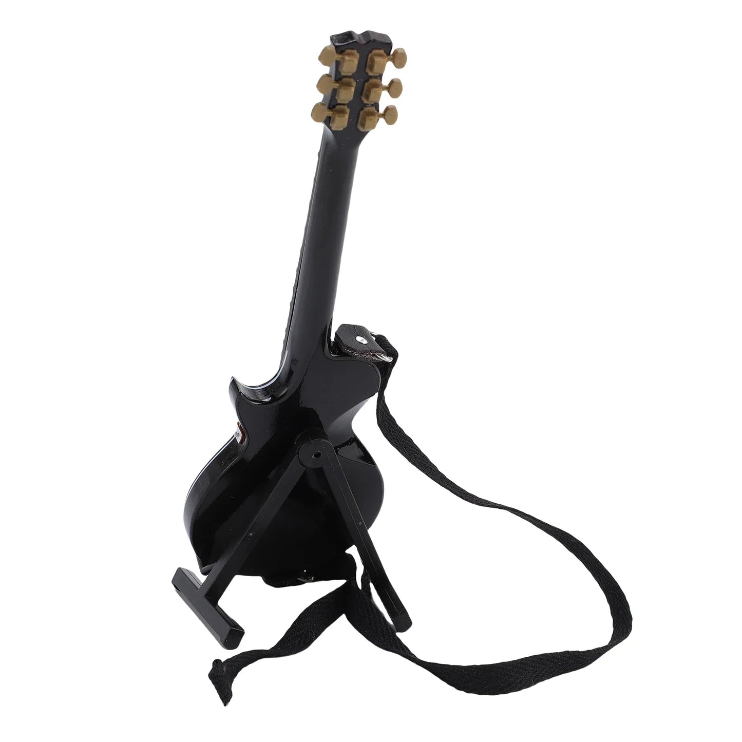 Black miniature electric guitar with gold tuning pegs and black strap displayed with case wooden musical for home desk shelves