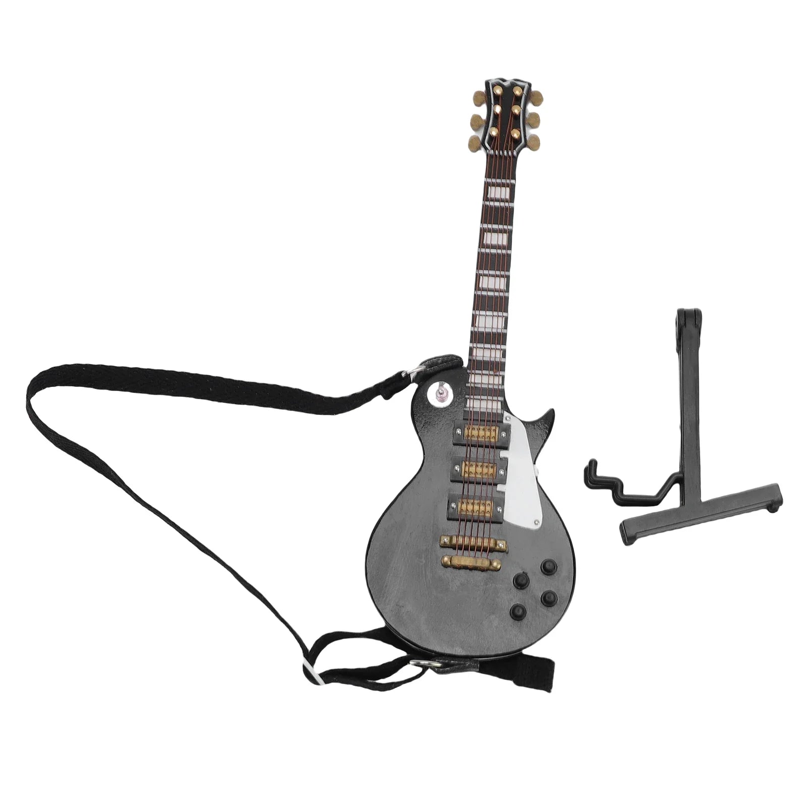 Black miniature electric guitar with gold hardware and white pickguard with case wooden musical ornament for home desk shelves