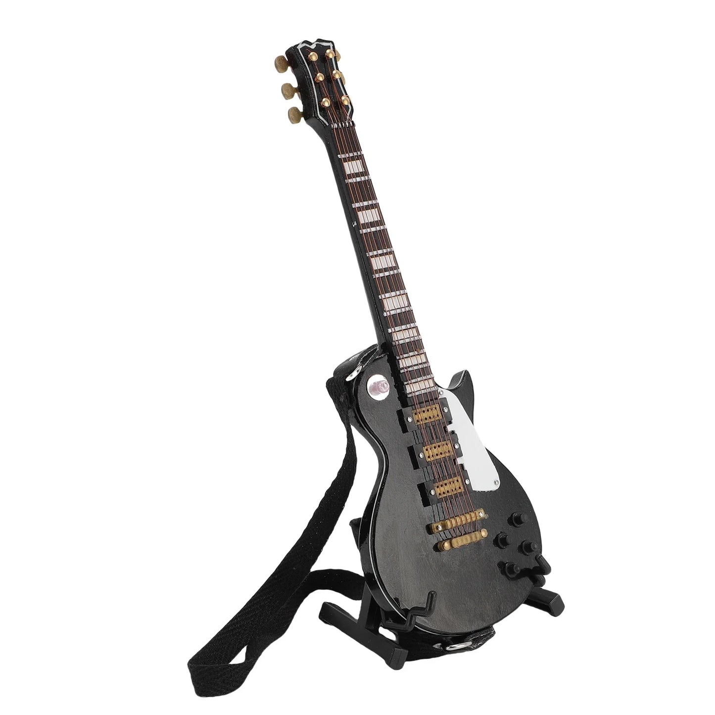 Black miniature electric guitar with gold hardware and white pickguard on stand with case wooden musical for home desk shelves