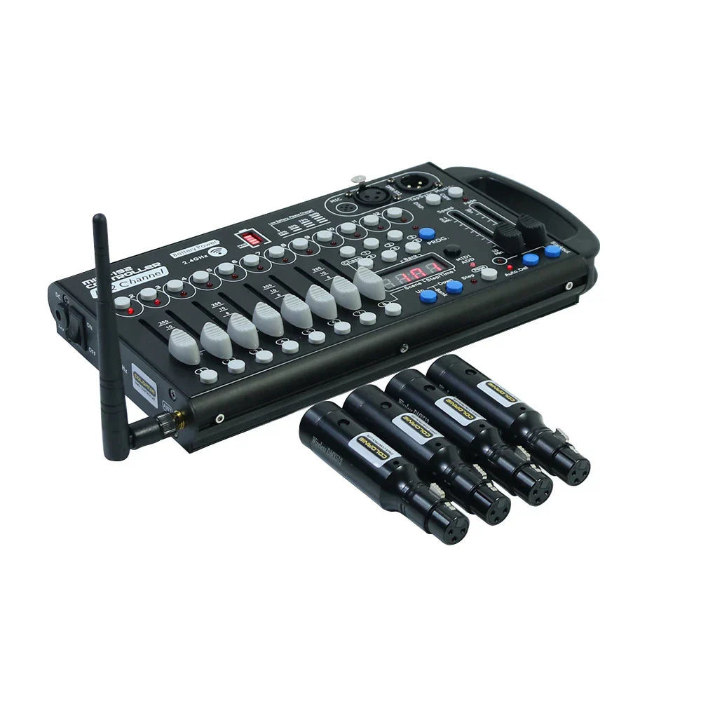 Black wireless dmx512 audio mixer with gray knobs blue buttons and four xlr cables for moving head lights with built-in battery