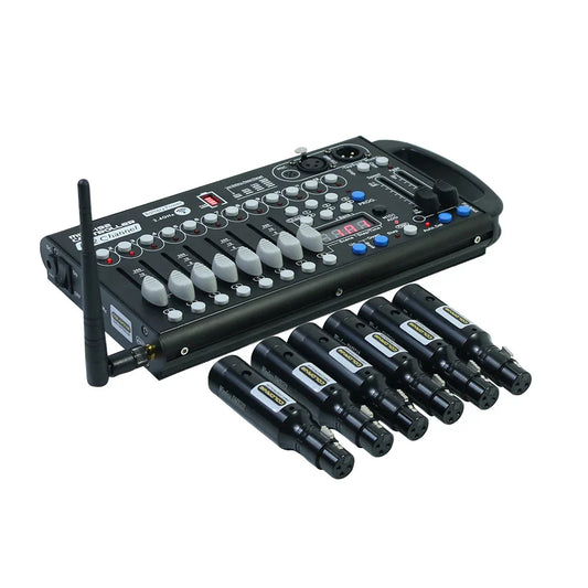 Black wireless 2-channel audio mixer with gray knobs blue buttons and six black xlr cables for wireless dmx512 dj use