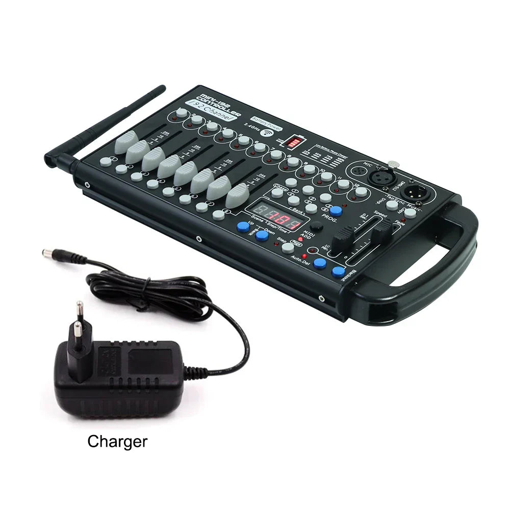 Black wireless dmx512 audio mixer with gray knobs blue buttons digital display and built-in battery for moving head lights