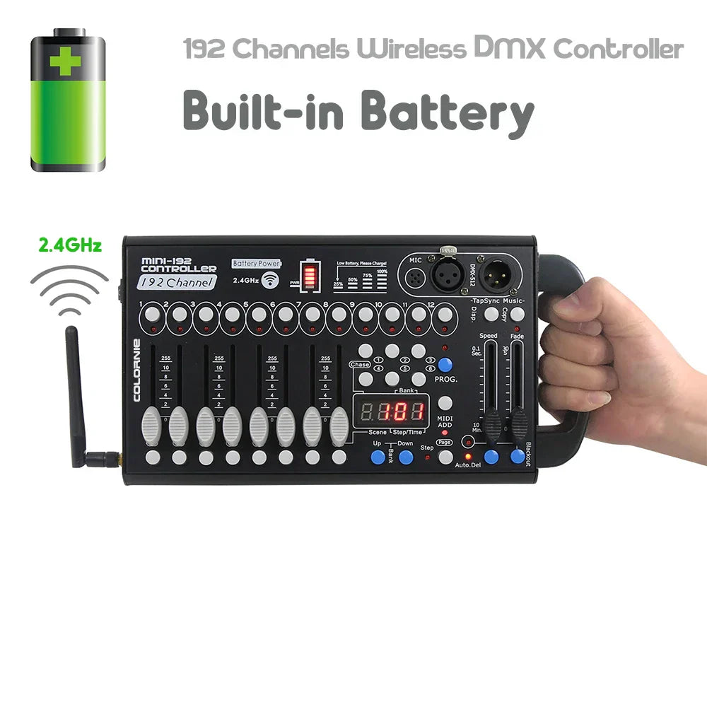 Black colorful mini-192 wireless dmx512 controller with built-in battery for moving head lights and dj equipment