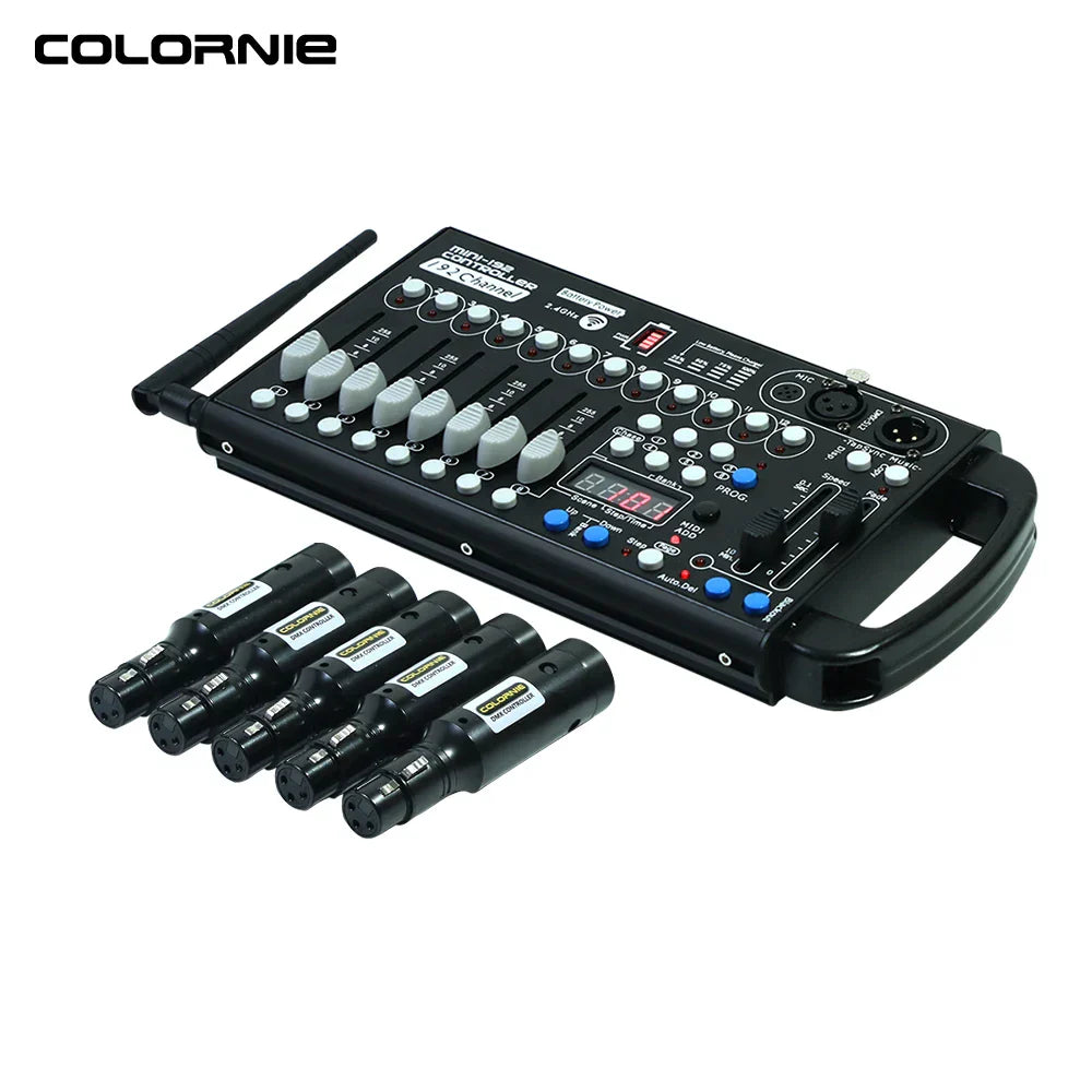 Black colornie 8-channel wireless dmx512 lighting controller with gray knobs blue buttons and five xlr adapters for moving head lights with built-in battery