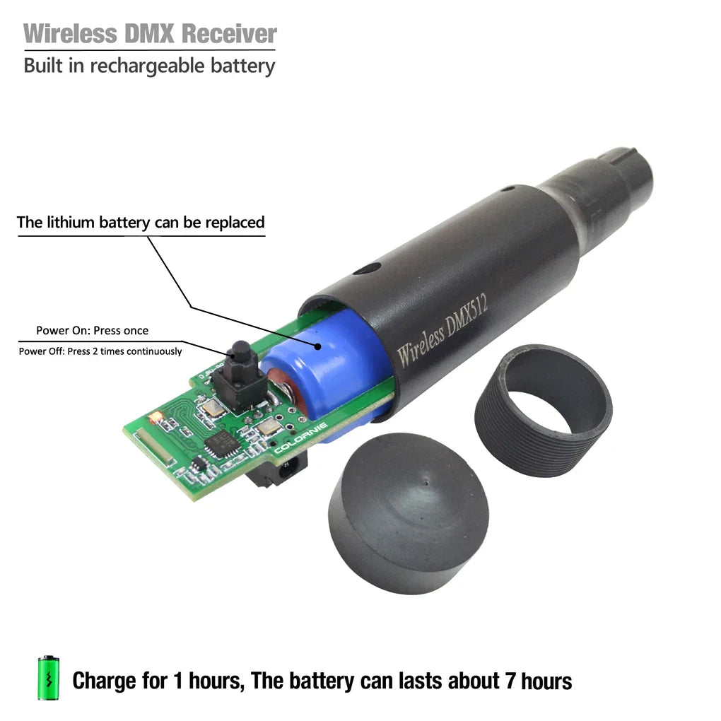 Black cylindrical wireless dmx512 receiver with built-in blue lithium battery and green circuit board for moving head lights