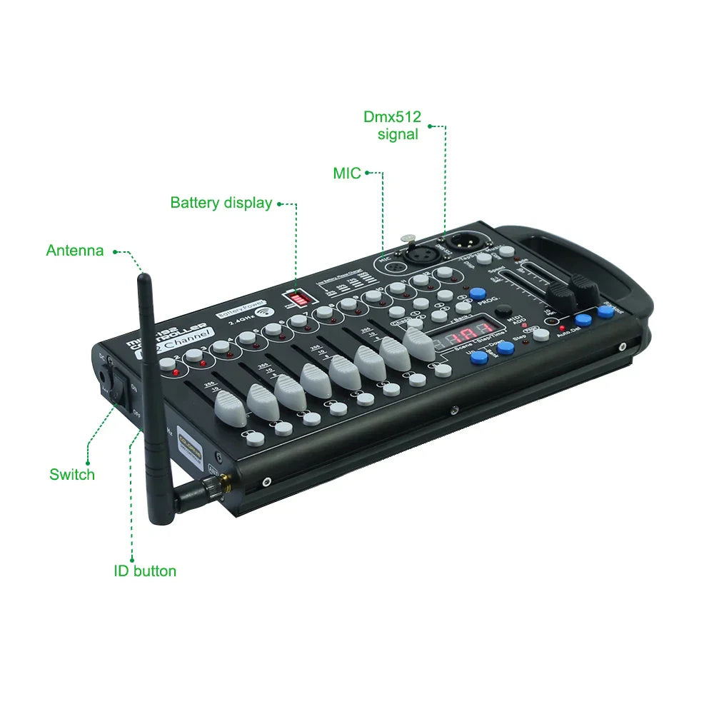 Black handheld wireless dmx512 controller with gray faders blue white buttons digital display for moving head lights
