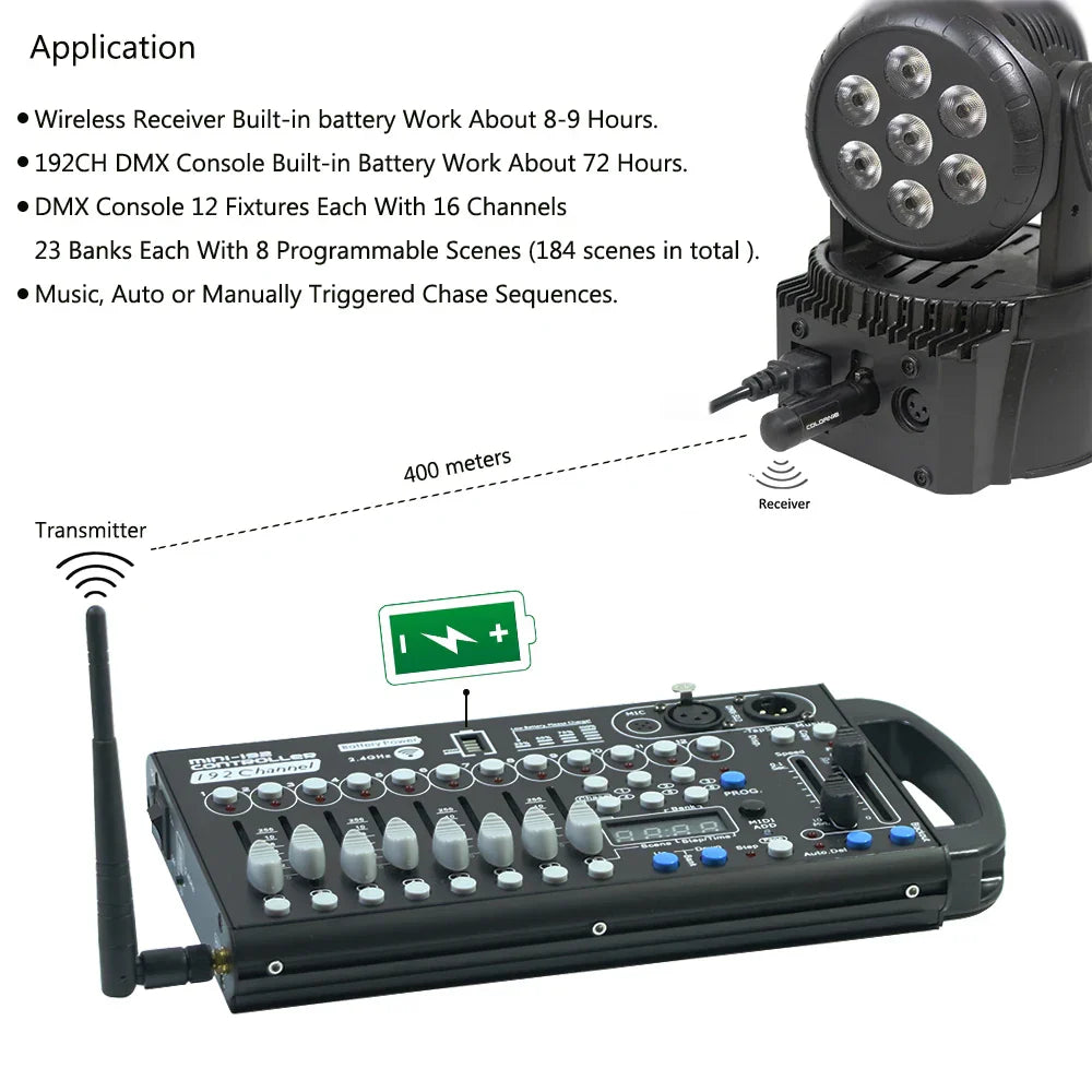 Black wireless dmx512 lighting controller with multiple knobs and built-in battery for moving head lights control
