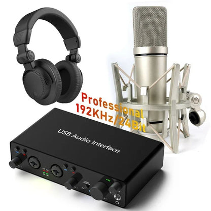 Black usb audio interface with silver condenser microphone and black headphones for 192khz 24 bit podcast recording