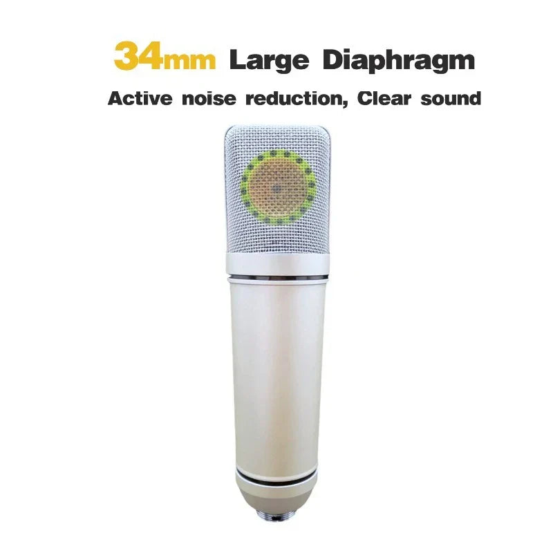 Silver-colored studio condenser microphone with 34mm diaphragm and mesh grille for podcast recording with usb audio interface