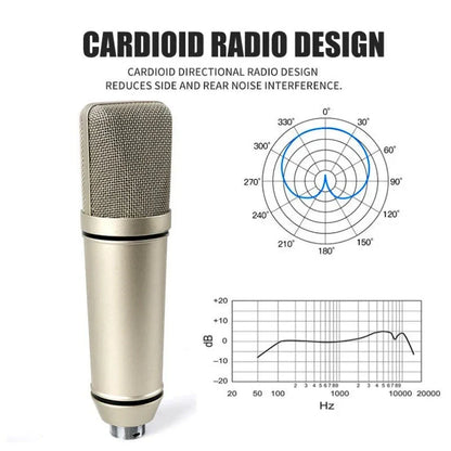 A sleek metallic gold condenser microphone with mesh grille and cardioid design for professional podcast recording