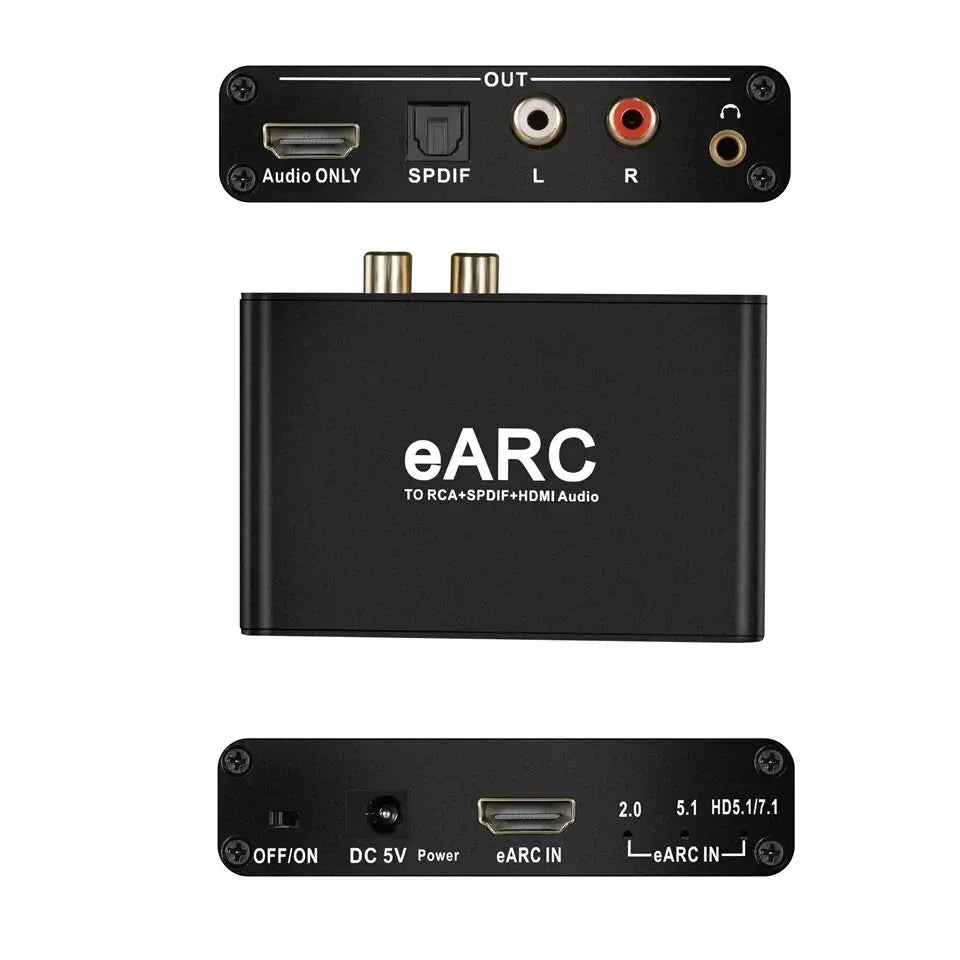 Black earc audio converter with gold-plated hdmi and rca connectors for 5.1 channel dts dolby atoms sound output