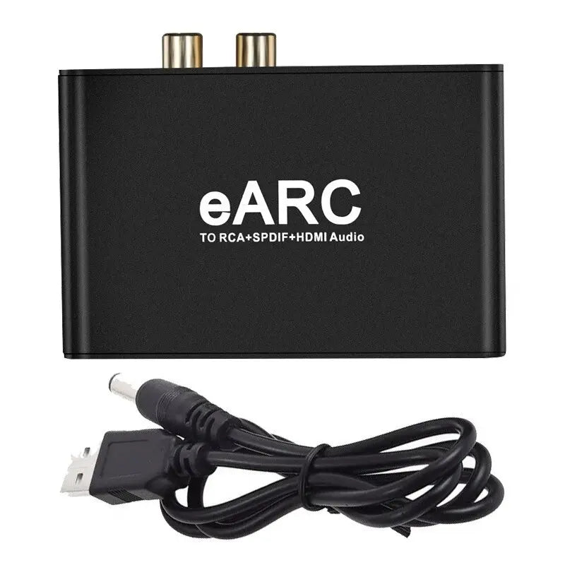 Black earc audio converter with gold-plated RCA and HDMI outputs and USB power cable for DTS Dolby Atoms extraction