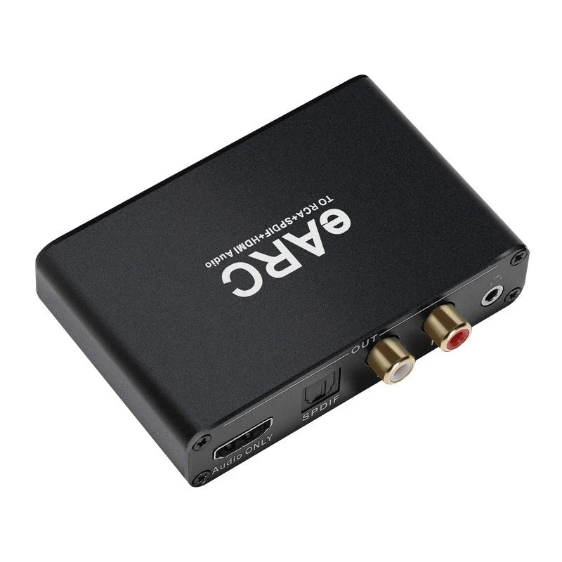 Black rectangular earc audio converter with gold-plated rca and optical ports for dts dolby atoms arc audio extractor