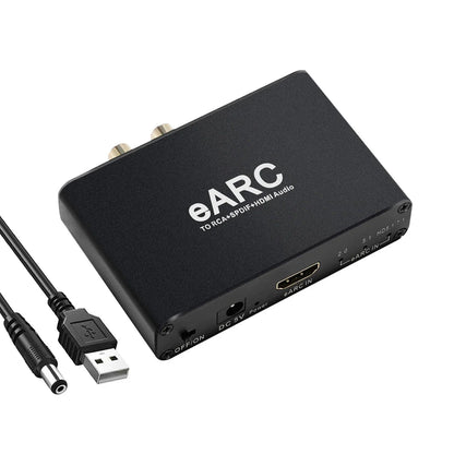 Black rectangular earc audio converter with rca spdif and hdmi ports shown from the back for dts dolby atoms audio extraction