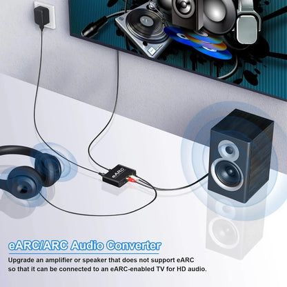 Black rectangular earc audio converter with red and white rca connectors for dts dolby atoms arc audio extractor use