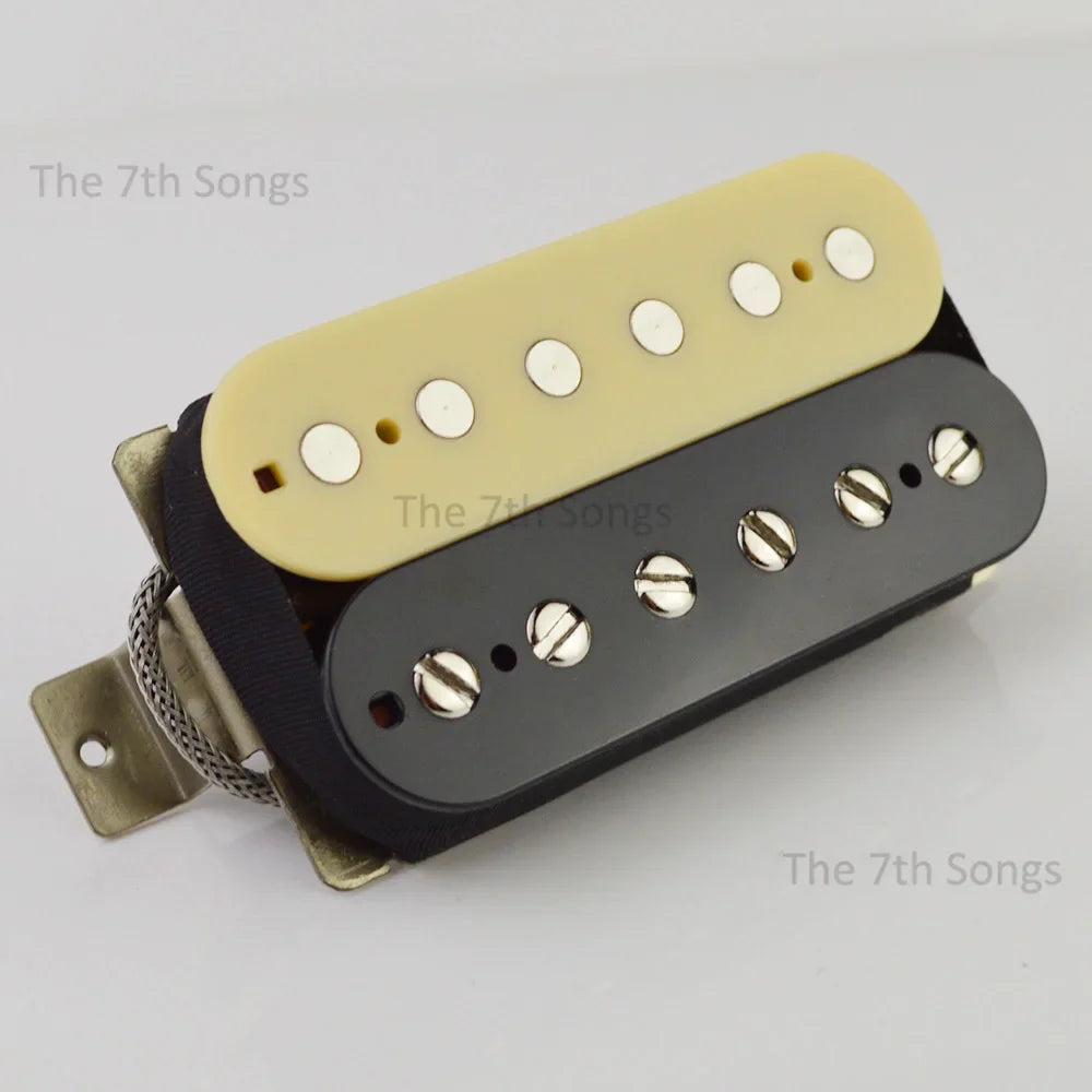 Cream-colored and black 1959 paf g alnico dual-coil guitar pickup with silver screws and braided leadd for vintage tone