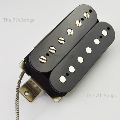 Black humbucker guitar pickup with silver screws and white pole pieces featuring paf g alnico vintage tone and braided leadd