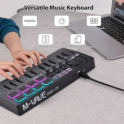 MIDI Keyboard Controller Beat Maker Machine Rechargeable 25 Keys MIDI Keyboard Portable Arranging Strike Pad RGB Backlight MIDI