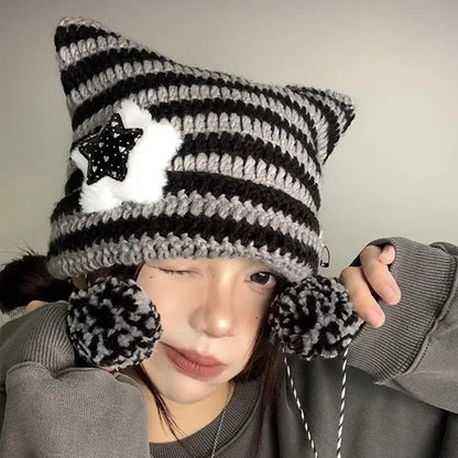 Hip-hop Y2K Beanie Hat Ins Devil Ear Striped Knitted Wool Cap Hip-hop Crochet Cute Cat Ears Pointed Pullover Women's Hats