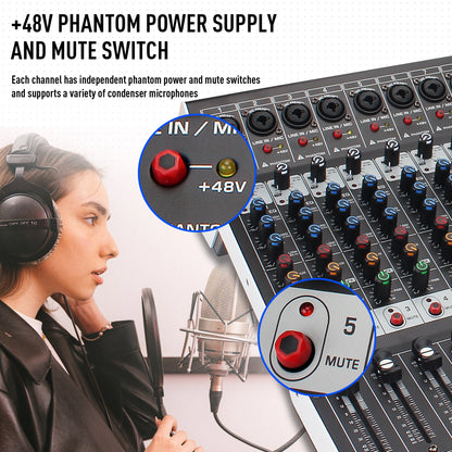 FULUODE 7/8/12/16 channel Bluetooth studio audio mixer with 99-bit DSP digital processor USB MP3 player XLR microphone jack and