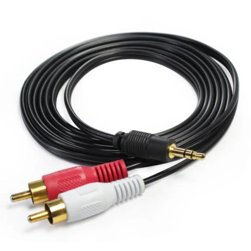 Black 1m audio cable with gold-plated 3.5mm aux stereo jack and red white rca connectors for stereo audio car use