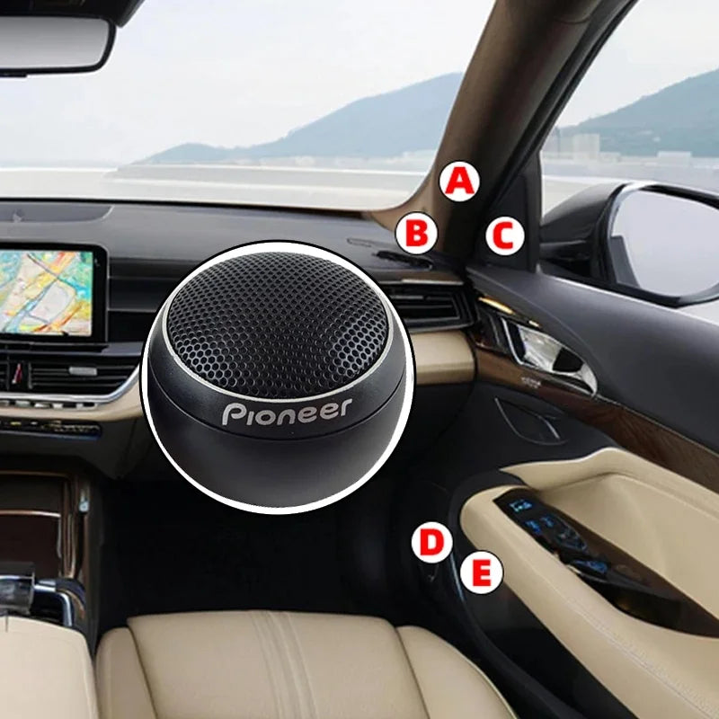 Black spherical pioneer 1pair 300w car stereo speakers with mesh grille and silver logo featuring audio silk film design