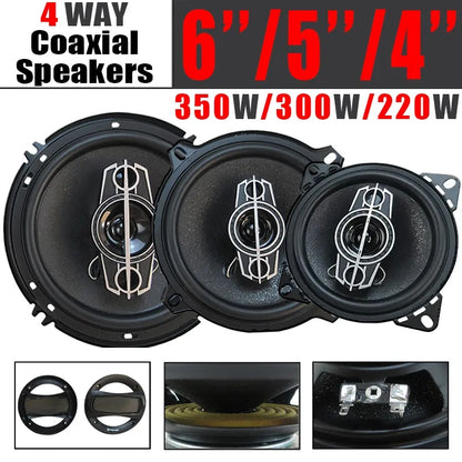Black 4 way coaxial car speakers in 4, 5, and 6 inch sizes with silver accents for 350w universal car hifi use