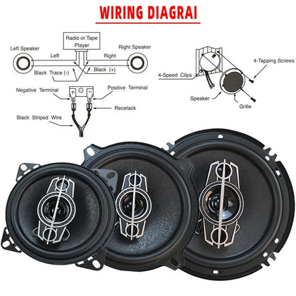 Black universal car hifi coaxial speakers 350w with silver cones and mounting brackets for car door installation