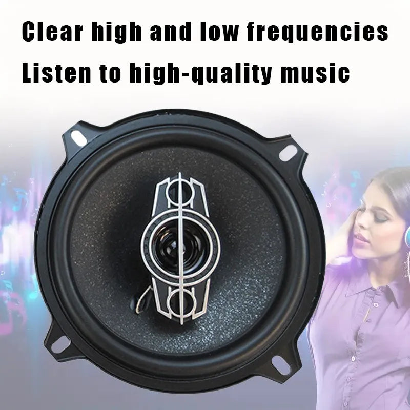 Black circular universal car hifi coaxial speaker with silver geometric logo suitable for 350w universal car audio systems
