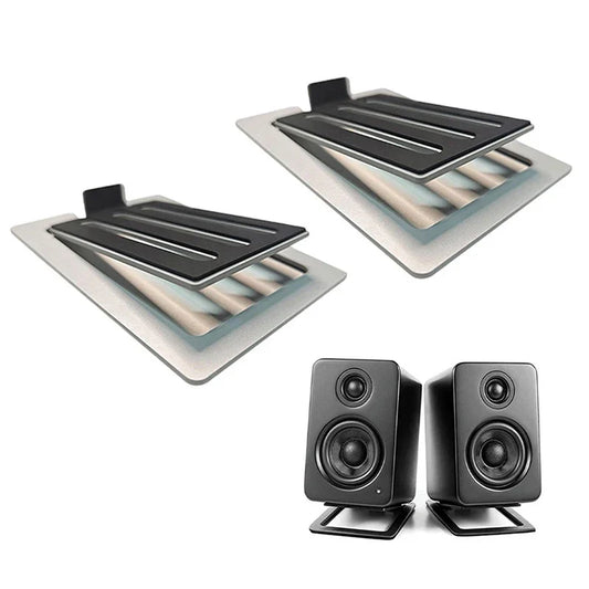 Black rectangular 1pair desktop speaker stand with matte finish and slotted design to enhance spatial sound and shock absorption