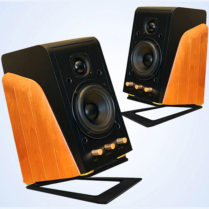 Black and wood-finish 1pair desktop speaker with gold control knobs on desktop speaker stand to enhance spatial sound effects