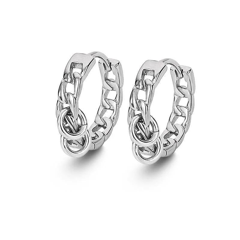 Silver 1pair hiphop punk small hollow geometric round chain-link hoop earrings with polished interlocking design for men and women