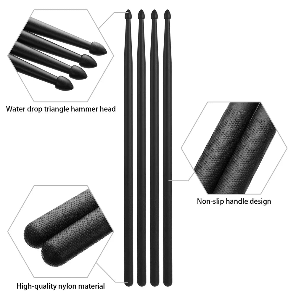 Black nylon drumsticks with water drop triangle hammer head and non-slip textured handle for professional use