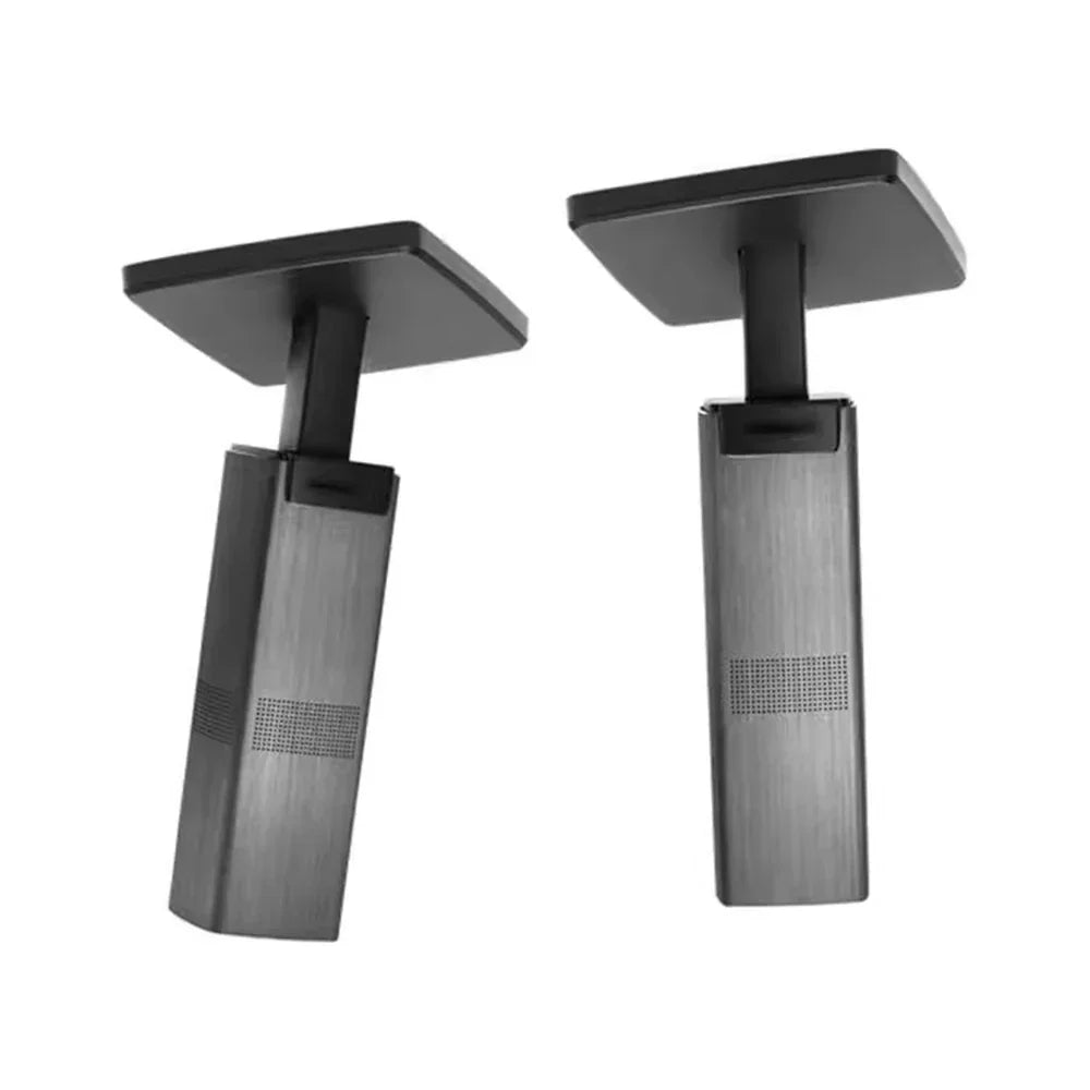 Black and brushed silver rectangular speaker surround hanger stands with square tops for bose home theater ceiling rack