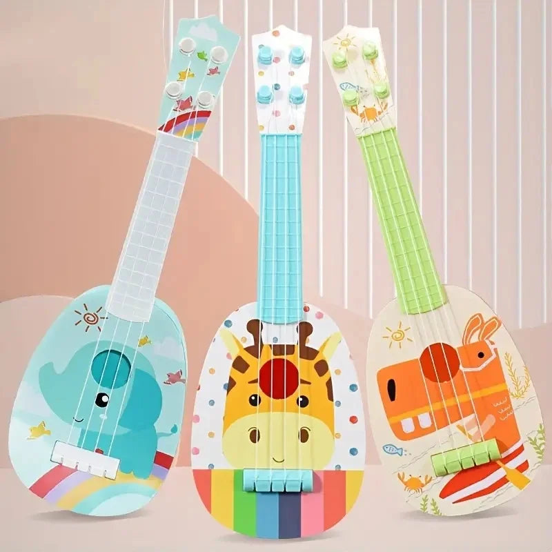 Three colorful 14-inch children’s ukuleles with cartoon animal designs and plastic bodies as a musical instrument educational toy