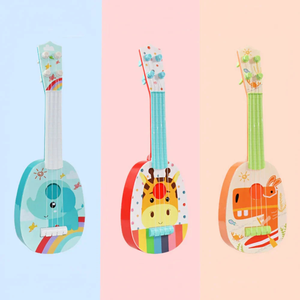 Three colorful 14-inch children’s ukuleles with elephant giraffe and dinosaur designs musical instrument educational toy