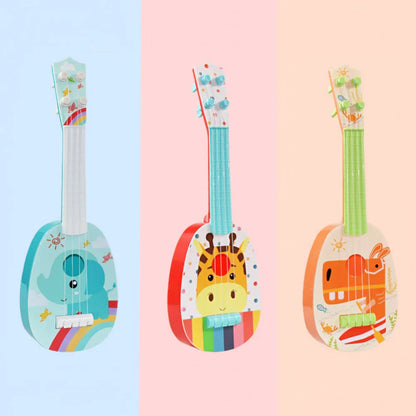 Three colorful 14-inch children’s ukuleles with elephant giraffe and dinosaur designs musical instrument educational toy