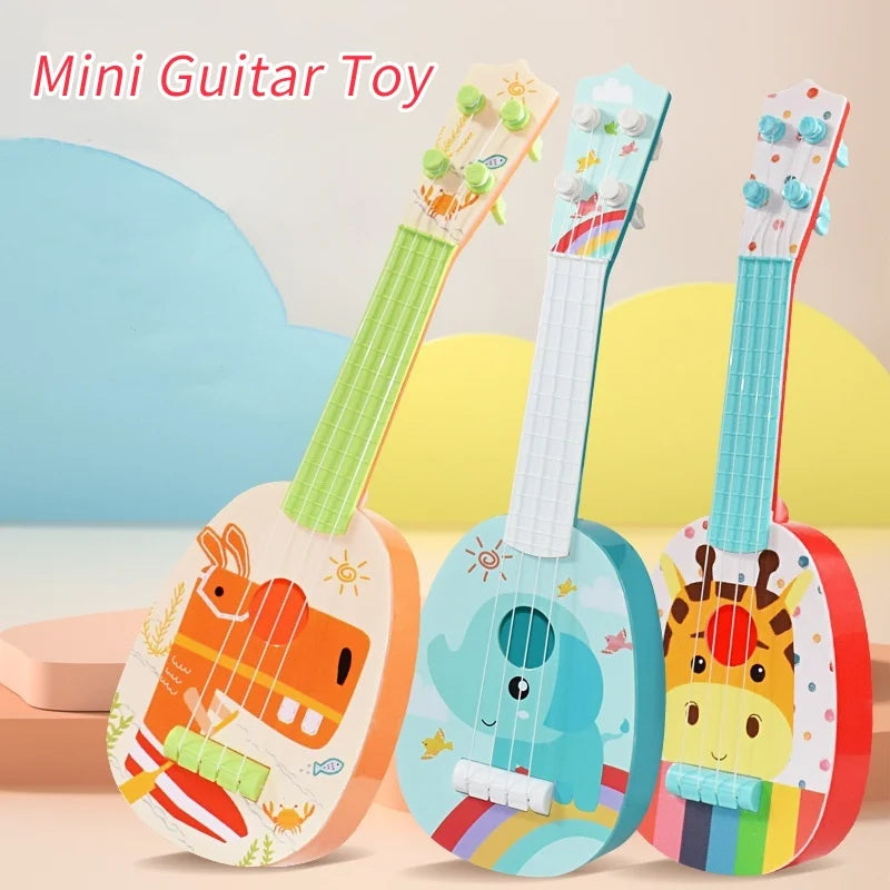 Three colorful 14-inch children’s ukulele mini guitar toys with cartoon animal designs as musical instrument educational toys