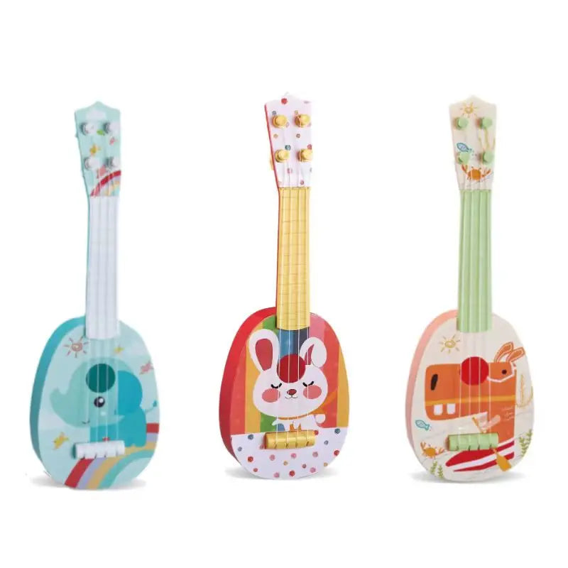 Three colorful wooden 14-inch children’s ukuleles with cartoon animal designs as musical instrument educational toys